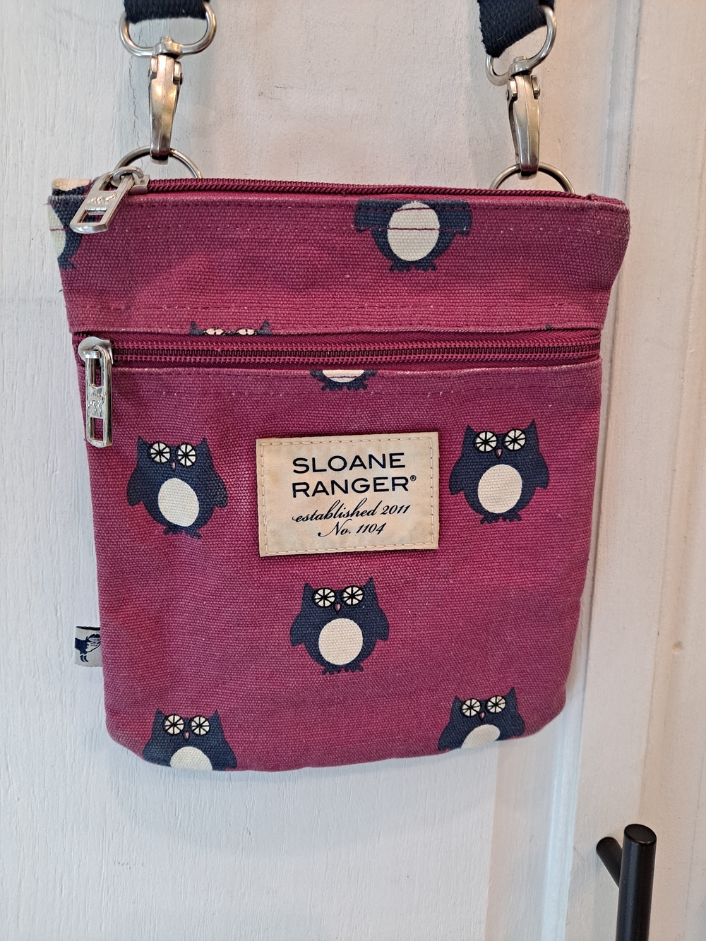 Sloane Ranger Dark Pink Navy Owl Crossbody Canvas Cotton Whimsical Minimalist